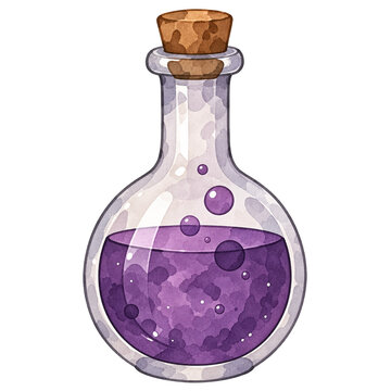 Watercolor halloween magic potion bottle with bubbling purple liquid and cork stopper isolated on black background. Spooky witch potion flask illustration.