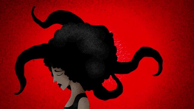 depressed woman with dark tentacles and mouths emerging from her head
