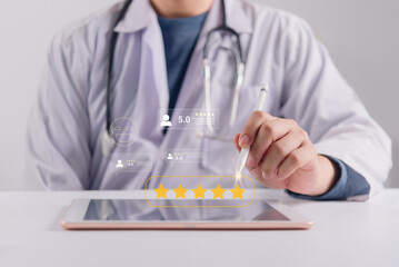 Fototapeta na wymiar Patient Satisfaction Doctor Selecting Five Star Healthcare Rating on Tablet