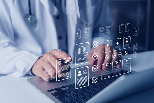 Digital Medical Records Doctor Using Laptop With Healthcare Document Interface