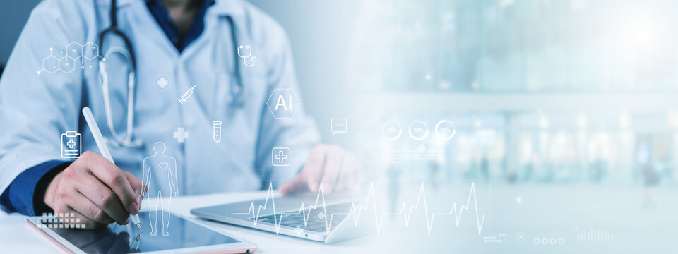 Healthcare AI Doctor Using Tablet With Digital Medical Interface