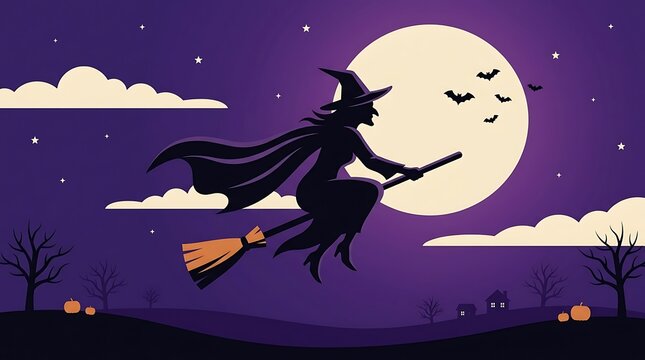 Silhouette of a witch flying on a broomstick against a full moon on a dark halloween night