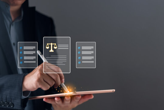 Business Law Compliance on Tablet With Digital Legal Checklist Smart Contract Verification