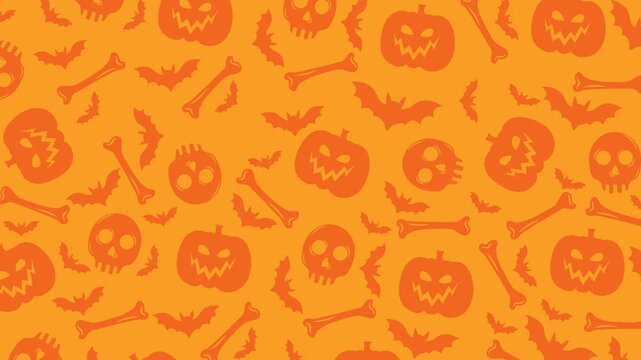 Halloween seamless looping animation with orange pumpkins, skulls, bones and bats in a monochromatic orange palette, ideal for festive backgrounds, social media, digital displays and Halloween events.