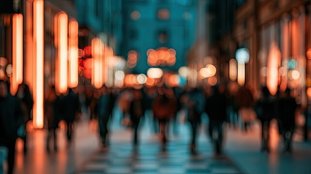 Blurred nighttime street scene with glowing lights and a moving crowd