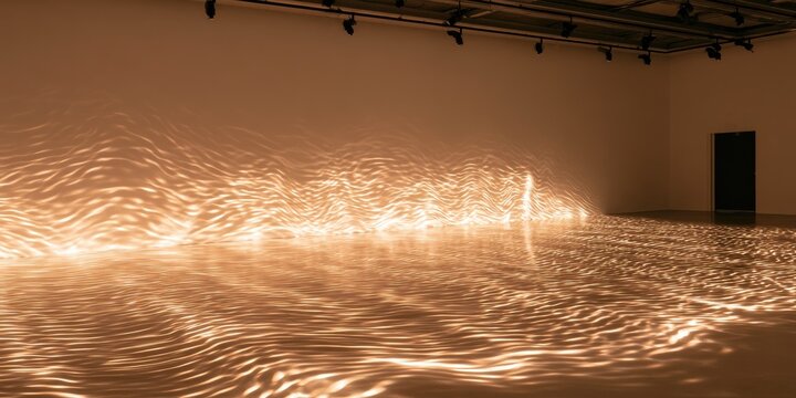 Abstract light and shadow play across a blank gallery floor and walls