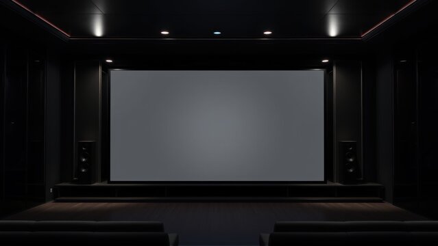 Dark home theater interior. Large screen dominates space. Minimalist design, comfortable seating visible. Dramatic lighting creates immersive experience.