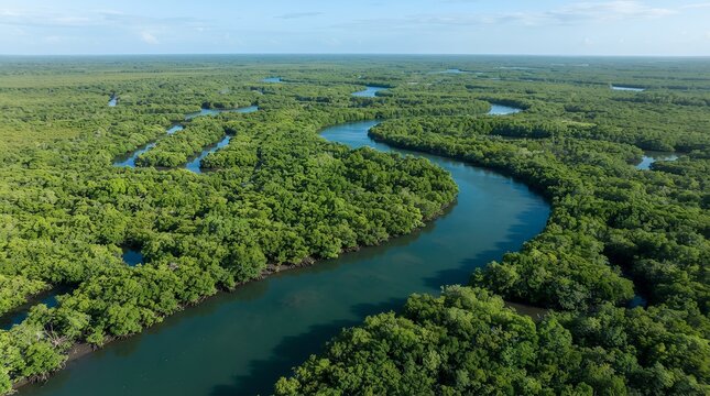 Winding tropical river flowing through lush green mangrove forest, aerial view of winding river in dense jungle canopy, natural ecosystem background