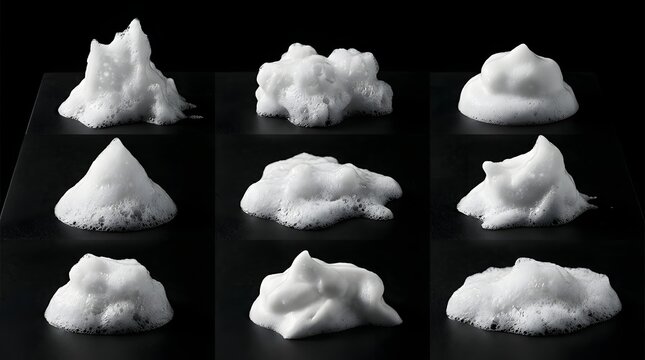 Set of 9 white foam mounds isolated on black background, showcasing various soap suds, shaving cream, and cosmetic lather textures.