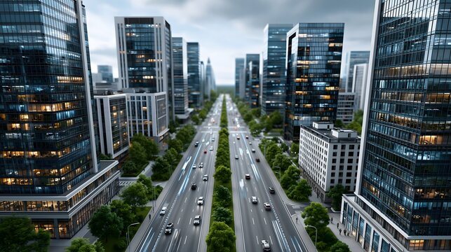 Smart city of the future featuring futuristic skyscrapers, connected digital infrastructure, business professionals collaborating, innovation and technology concept, cinematic realistic photography