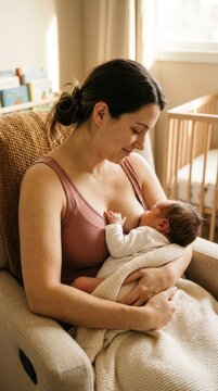 Newborn nourishment connection: maternal love, gentle embrace, natural feed, quiet nursery, cozy chair, pure peace, warm glow, healthy growth, infant lactation, sweet cuddle, soft blanket.