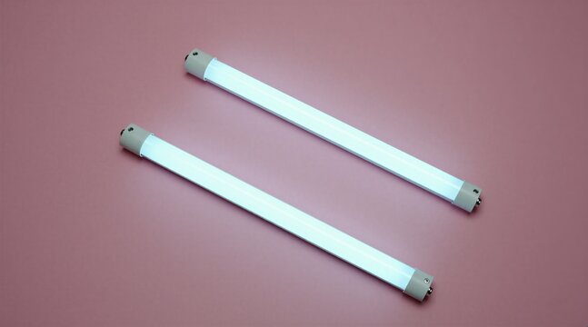Two modern LED tube lights glow on pink surface background. Slim bright lamps shine with cool white color. Professional equipment for creative photo video studio production. Minimalist design tool