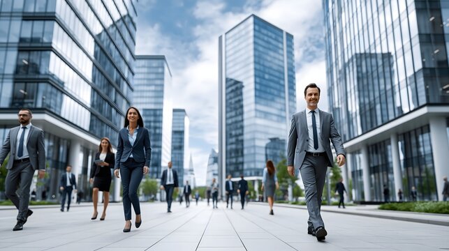 Smart city of the future featuring futuristic skyscrapers, connected digital infrastructure, business professionals collaborating, innovation and technology concept, cinematic realistic photography