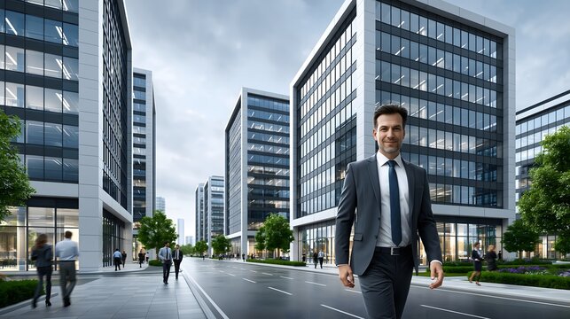 Digital transformation shaping a modern smart city, advanced architecture surrounded by business professionals, subtle futuristic technology elements, natural daylight, photorealistic stock image