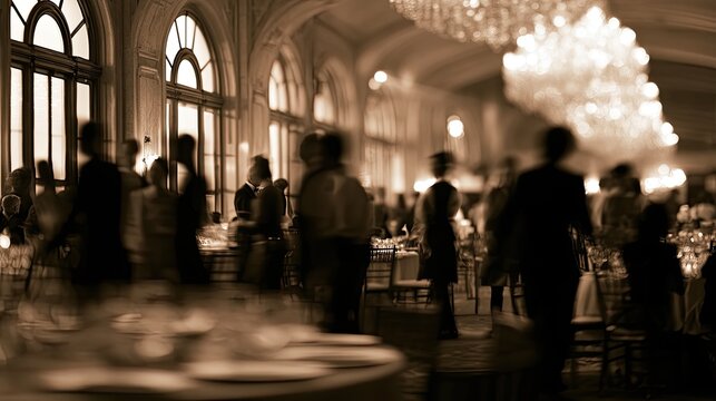 A sepia-toned, out-of-focus scene of people in a grand hall with chandeliers
