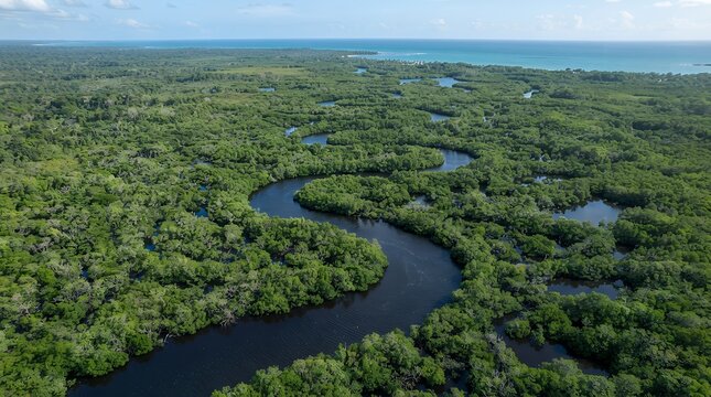 Aerial view of winding river in tropical rainforest, lush green jungle landscape, winding waterway flowing to the ocean