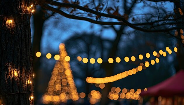 Twinkling fairy lights adorn trees and a festive market at dusk