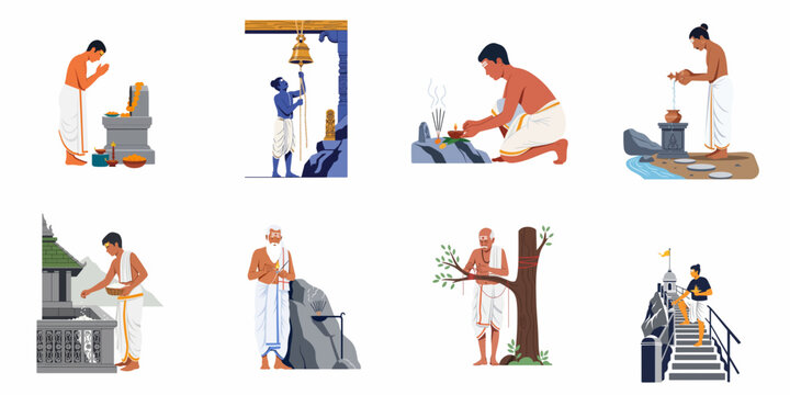 Flat vector illustrations depicting various Hindu religious rituals, traditions, and temple activities performed by devotees and priests in traditional attire.