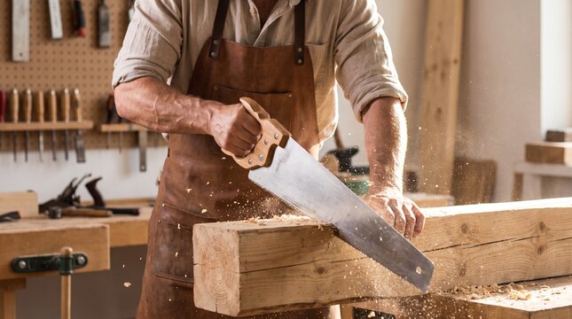A carpenter shapes a wooden board with a hand plane in a traditional workshop filled with woodworking tools.