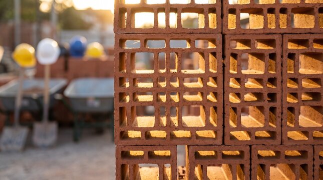 Close-up of perforated terracotta bricks at a construction site, highlighting their geometric structure, warm color, and use in modern masonry.