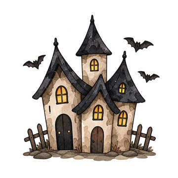 Watercolor halloween haunted house with glowing windows and flying bats isolated on black background. Spooky castle mansion illustration.