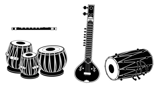Traditional indian musical instruments with instruments including sitar sitar tabla drums collection traditional illustration culture graphic