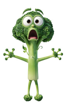 Scared anthropomorphic broccoli character with wide eyes isolated wide eyed character design funny food funny vegeta