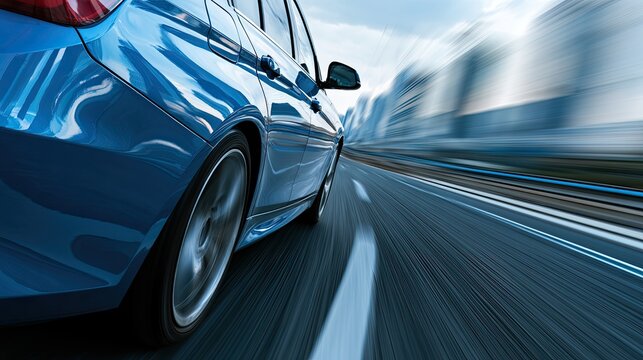 Dynamic shot of a blue car accelerating on a highway, blurring cityscape behind