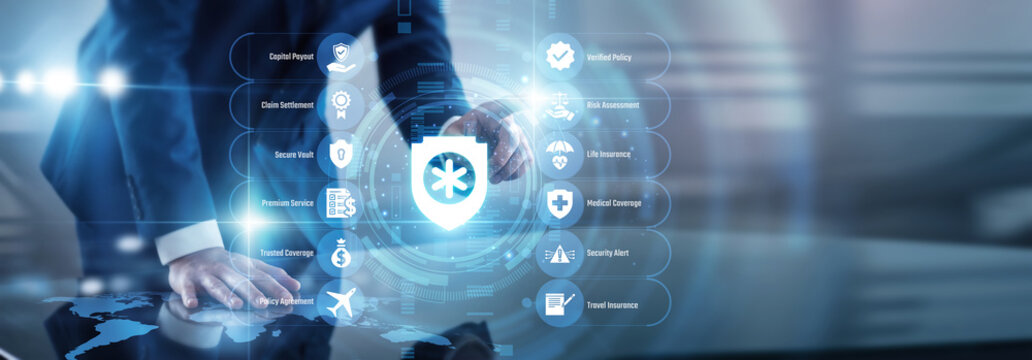 Underwriter point of InsurTech digital policies and risk assessment concept streamlining complex automated claims continuously. Upgrading traditional coverage plans in a modern system.