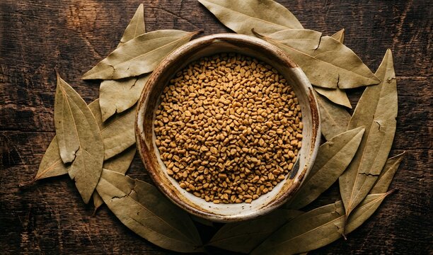 Fenugreek Seeds Methi and Bay Leaves Tej Patta Flat Lay
