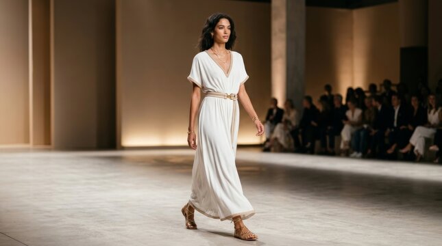 Elegant model in flowing white dress walking down fashion runway