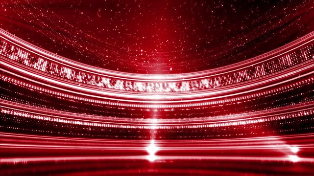 Red particle neon light display hall stage background Round podium with golden light lamp background with splashes and confetti