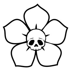 Fototapeta premium Icono con dibujo sencillo con líneas de una calavera humana en el centro de una flor, para felicitaciones y tarjetas de Halloween 