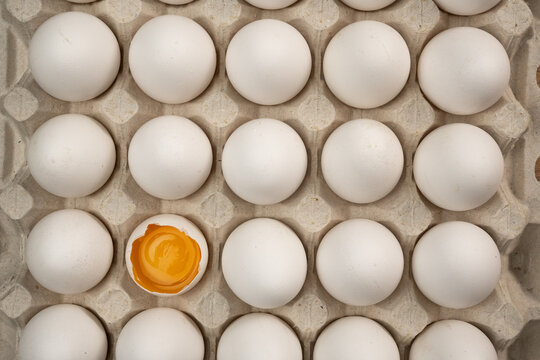 broken egg with yolk near many eggs in carton box for transportation
