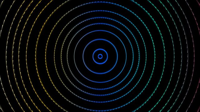 Abstract glowing concentric circles in a rhythmic pattern with a dark background and copy space