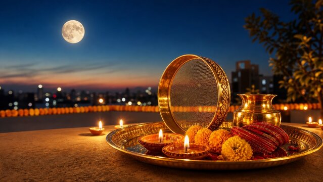 Celebrate Karwa Chauth with this traditional puja thali featuring a sieve, decorations and moon