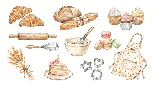 Hand-painted watercolor baking illustrations set featuring French macarons, fresh bread, mixing bowl, and pastry baking tools