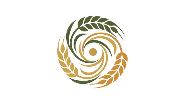 A stylized circular logo design featuring swirling ears of wheat in green, gold, and orange colors, symbolizing agriculture, growth, and natural organic food