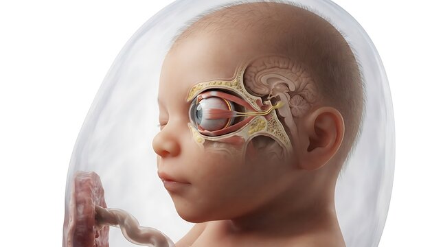 Anatomical illustration of fetal head with eye and brain structure visible
