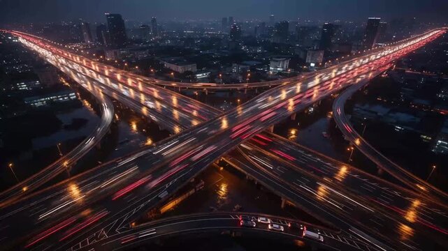 Aerial view of complex highway interchange traffic at night