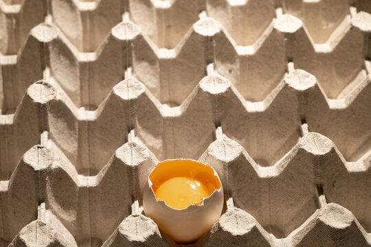 cardboard carton container with one broken egg showing yolk.