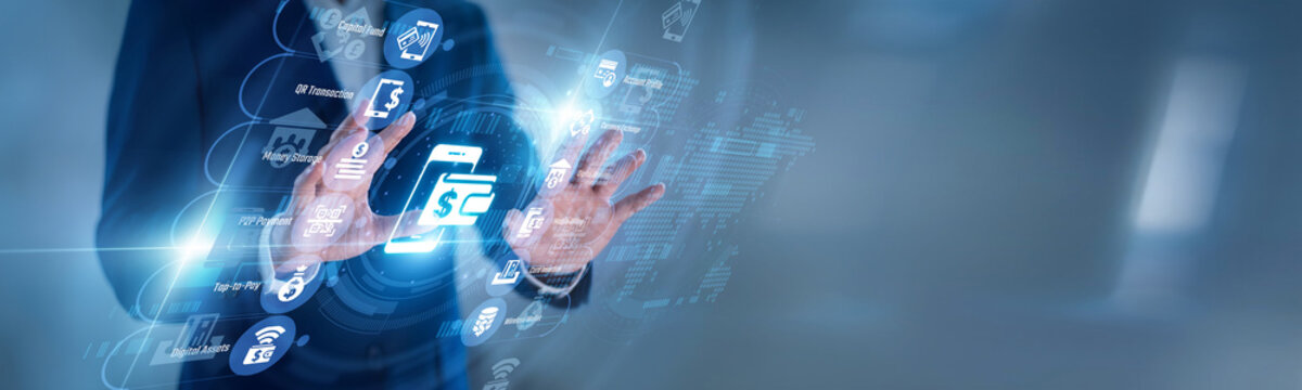 Payment specialist touching virtual screen with wallet icons for Mobile Wallets, managing QR payments, transfers, cards, balances, receipts, and secure digital money for users daily now.