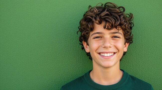 Happy Italian boy with brown curly hair smiles at camera. Preteen child shows joy with positive expression on green studio background. Youthful male person portrait in green sweater features natural
