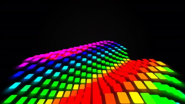 Abstract animation of vibrant rainbow glowing tiles undulating in a fluid wave pattern against a dark background.