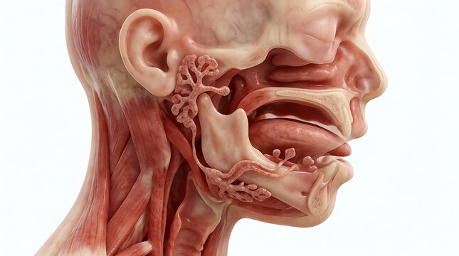 Anatomical illustration of human head showing internal throat and tonsil structure