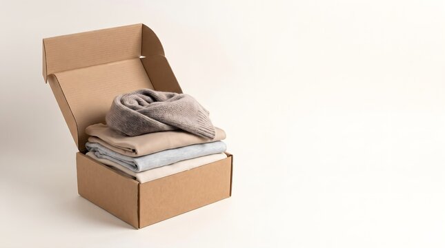 Cardboard shipping box with folded clothes, apparel delivery, textile packaging