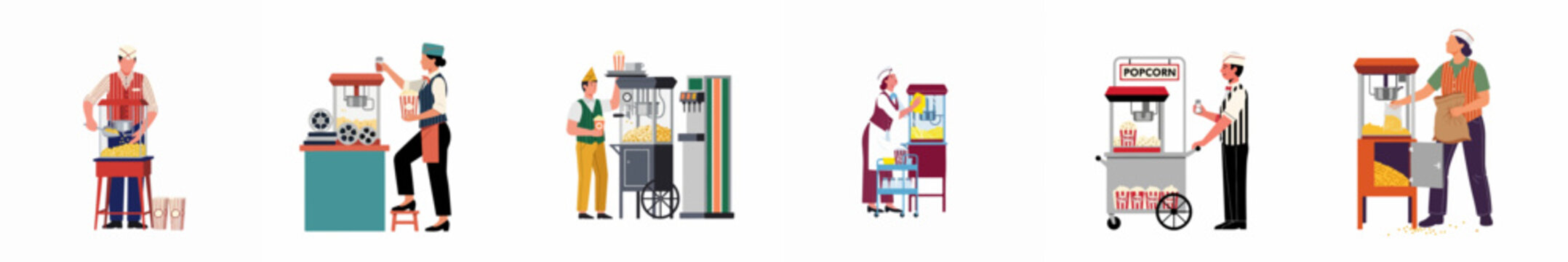 Set of diverse flat vector illustrations depicting people preparing and selling fresh popcorn using various machines and mobile carts on a white background.
