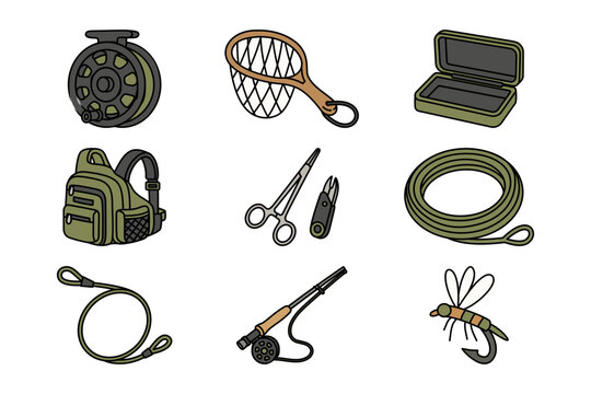 Fly fishing equipment flat style element illustration icon design set with fly rod, reel, line, box, artificial fly, strike indicator, tippet spool, landing net, nipper too