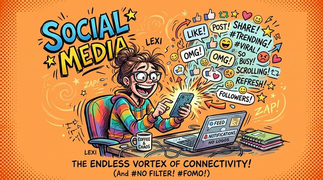 Social Media Vortex: A woman engrossed in her phone, surrounded by a chaotic explosion of social media icons and notifications, illustrating the overwhelming nature of digital connectivity and FOMO.
