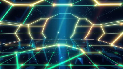 Obraz premium Neon grid tunnels create futuristic space. Bright lines form geometric shapes, glowing against dark background. Digital aesthetic.